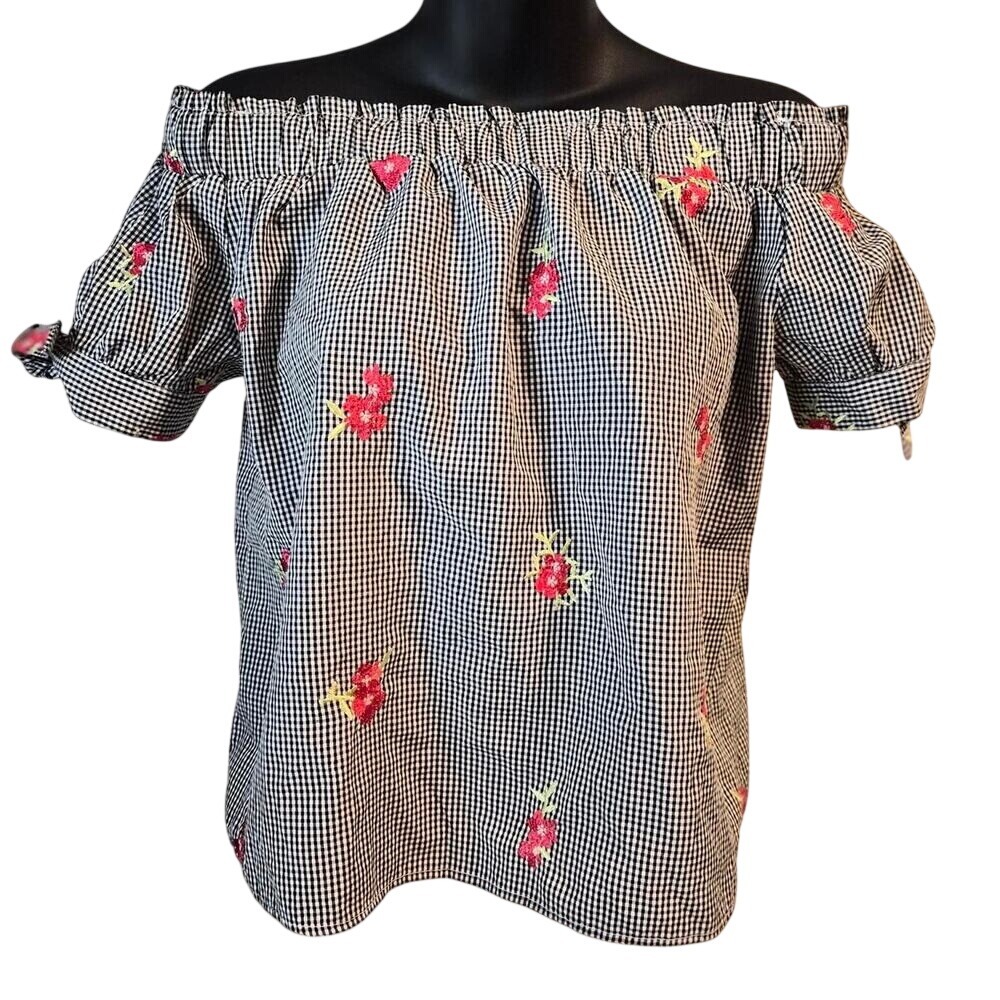Blashe Gingham Off The Shoulder Embroidered Floral Top Black White Medium‎